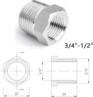 3/4" x 1/2" Reducer Bush, Used for Washing Machine | Dishwasher Hose Pipe Fitting Connector Adapter,Connecting Washing Machine | Dishwasher Pipe with Angle Valve,Connections for Water Pipes and Hoses