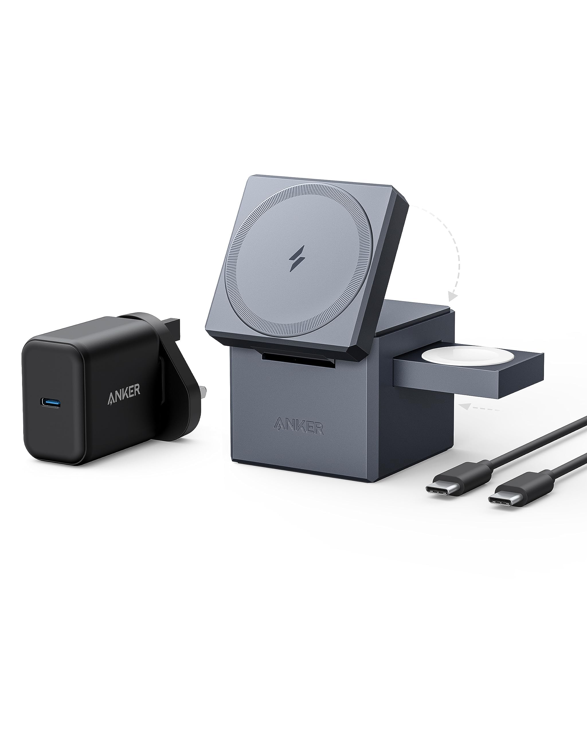 Anker 3-in-1 Cube Compatible with MagSafe - 15W Fast Charging, Foldable Wireless Charge Station for Apple Watch, iPhone 17/16/15, and AirPods Pro (Charger and Interchangeable Plugs Included)