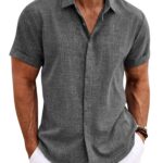 COOFANDY Men's Linen Shirts Short Sleeve Casual Shirts Button Down Shirt for Men Beach Summer Wedding Shirt